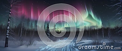 Northern lights in winter forest. Sky with colorful polar lights and stars. Night winter landscape. Generative AI Stock Photo