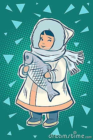 Northern native child with fish, national costume. Chukchi Inuit Vector Illustration