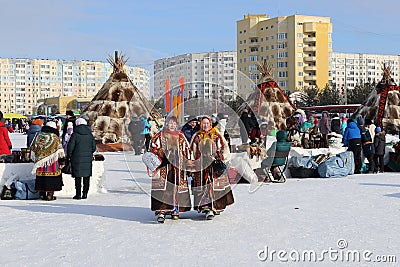 Northern nomads reindeer herders in the Russian city of Nadym Editorial Stock Photo