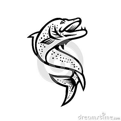 Northern Pike or Muskie fish Jumping Up Black and White Retro Vector Illustration