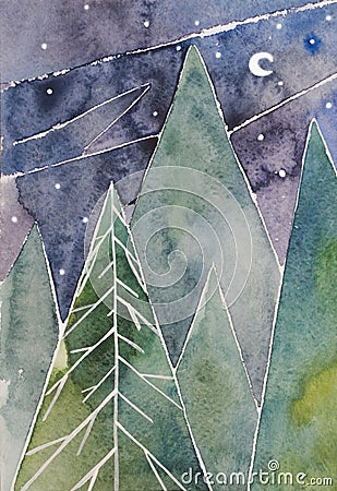 Northern pine forest at night. Abstract watercolor painting Stock Photo