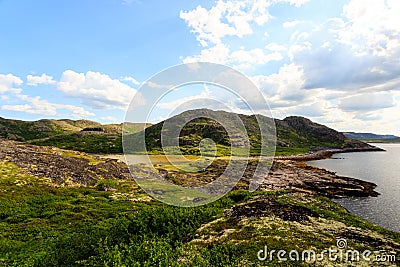 Northern polar summer. Beautiful coastline of Barents sea, Arctic ocean, Kola Peninsula, Russia Stock Photo