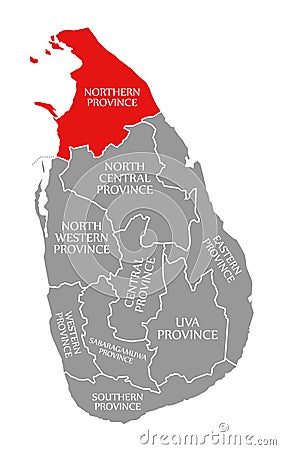 Northern Province red highlighted in map of Sri Lanka Cartoon Illustration