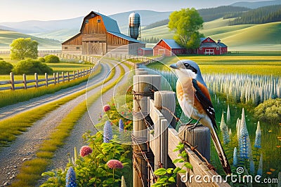 Northern Shrike Wood Fence Post Countryside Springtime Farming Landscape Red Barn AI Generated Stock Photo