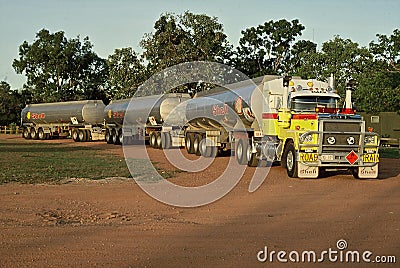 View of B-double petroleum tanker truck with two trailers attached Editorial Stock Photo