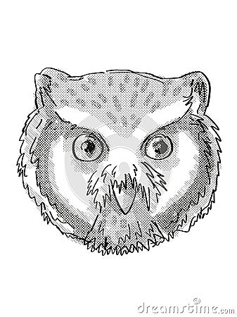 Northern White-Faced Owl Head Cartoon Retro Drawing Stock Photo