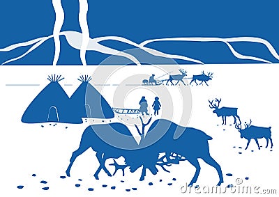 Northern winter landscape with the Chukchi and deer Vector Illustration