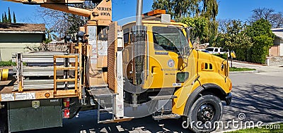A National Crane 400A Series Boom Truck or crane truck working for the Department of Water and Power Editorial Stock Photo