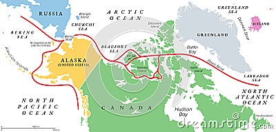 Northwest Passage, NWP, sea lane along North America, political map Vector Illustration