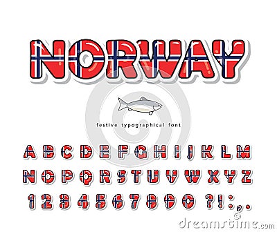 Norway cartoon font. Norwegian national flag colors. Bright alphabet for design. Paper cutout glossy ABC letters and Vector Illustration