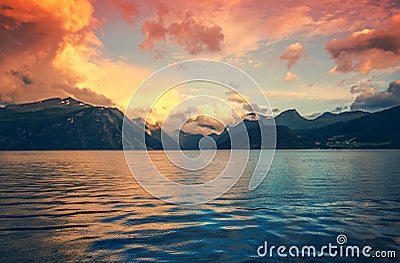 Norway Fjords Sunset Scenery Stock Photo
