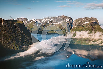 Norway landscape Hjorundfjord aerial view mountains reflection travel Sunnmore Alps beautiful destinations Stock Photo
