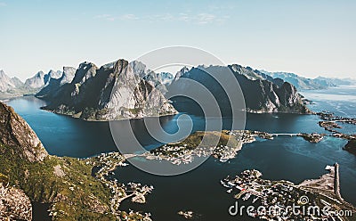 Norway landscape Reinebringen mountain aerial fjord sea view Stock Photo