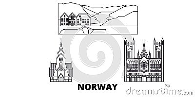 Norway line travel skyline set. Norway outline city vector illustration, symbol, travel sights, landmarks. Vector Illustration