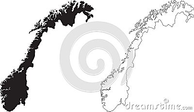 Norway Country Map. Set of two Norwegian Maps. Black and white. Black silhouette and black outline. EPS vector file Vector Illustration