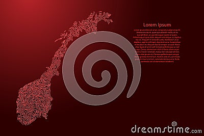Norway map from red isolines or level line geographic topographic map grid and glowing space stars. Vector illustration Vector Illustration