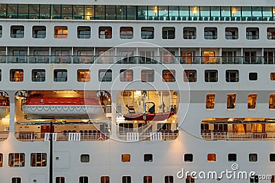 Norway, Oslo, CIRCA 2020: Close up of life savings boat of MV Aurora cruise ship of the P&O Cruises fleet docked in harbor due to Editorial Stock Photo