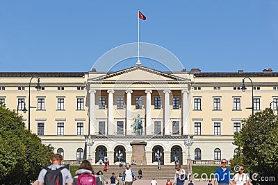 Norway. Oslo Royal Palace facade with people. Sunny day Editorial Stock Photo