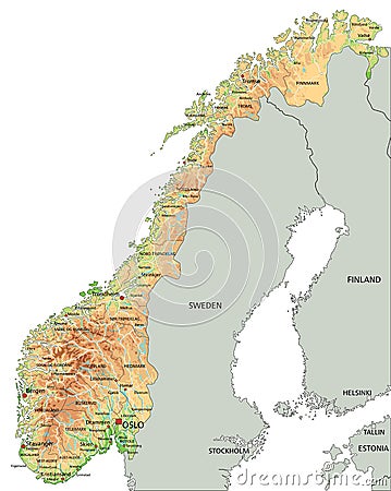 High detailed Norway physical map with labeling. Vector Illustration