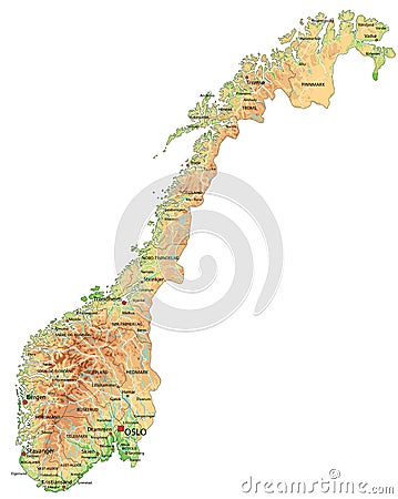 High detailed Norway physical map with labeling. Vector Illustration