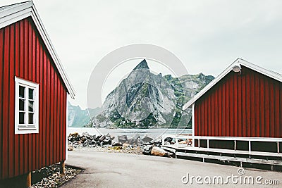 Norway traditional architecture house rorbu and rocky mountains Stock Photo