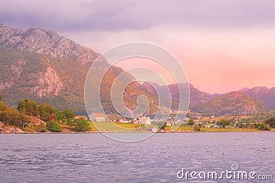 Norway traditional village landscape, sunset Stock Photo