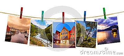 Norway travel photography on clothespins Stock Photo