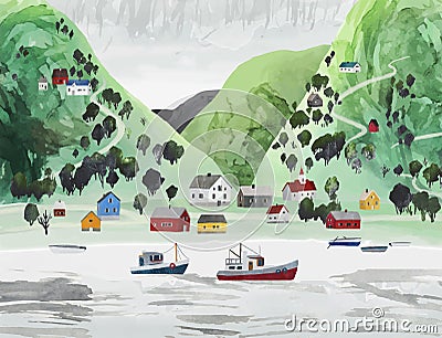 Norway. Undredal, village at Aurland fjord. Watercolor vector landscape with norwegian houses, trees, ships and mountains. Vector Illustration