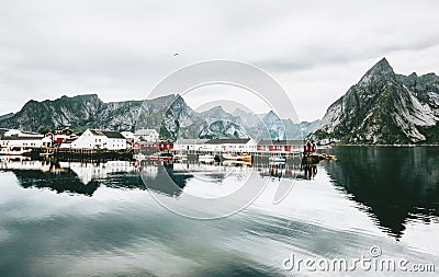 Norway village and mountains rocks over fjord Stock Photo