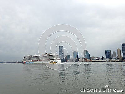 Norwegian Breakaway Cruise Ship on Hudson River Leaving Manhattan. Editorial Stock Photo