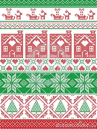 Norwegian Christmas, festive winter seamless pattern in cross stitch with gingerbread house, Christmas tree, heart, reindeer Vector Illustration