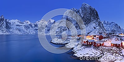 Norwegian fisherman`s cabins on the Lofoten in winter Stock Photo