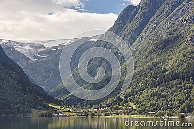 Norwegian fjord landscape with mountains and village. Sorfjorden. Norway. Stock Photo