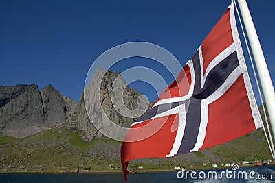 Norwegian flag and fjord Stock Photo