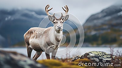 Norwegian Nature: A Majestic Reindeer In A Serene Landscape Stock Photo