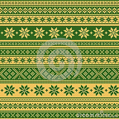 Norwegian ornament. Scandinavian knitted texture. Vector seamless pattern. Green and yellow colors Vector Illustration