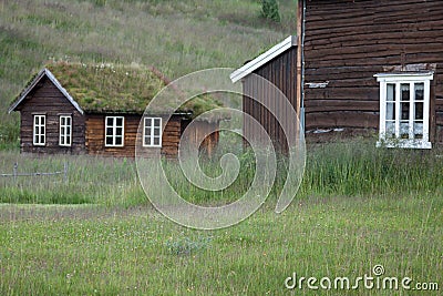 Norwegian typical grass roof country house Stock Photo