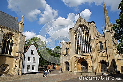 NORWICH, UK - JUNE 3, 2017: View of the West entrance of the Cathedral with a beautiful sky Editorial Stock Photo