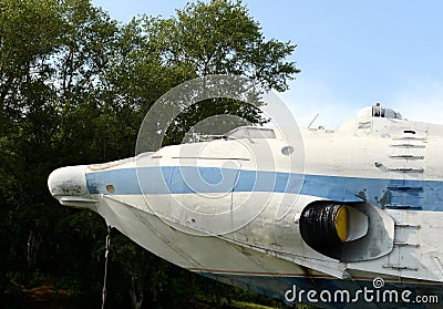 The nose of the airborne ekranoplan of Project 904 `Eaglet` at the Khimki Reservoir in Moscow Stock Photo