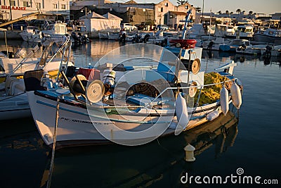 Nose Of Boats Ancient harbor view island in Greece Editorial Stock Photo