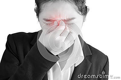 Nose pain symptom in a woman isolated on white background. Clipping path on white background. Stock Photo