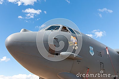 Nose of United States Air Force USAF Boeing B-52H Stratofortress strategic bomber aircraft 61-0015 from Barksdale Air Force Ba Editorial Stock Photo