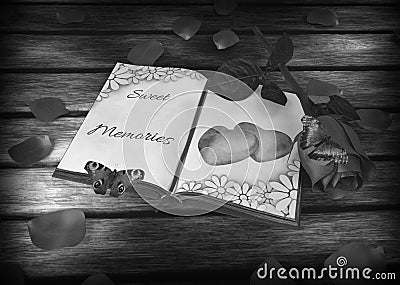 Nostalgia - book, rose and butterflies on wooden Stock Photo