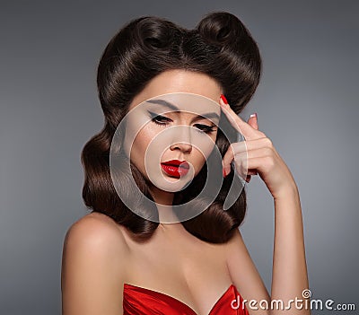 Nostalgia. Pin up girl with red lips makeup and retro curls hair Stock Photo
