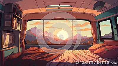 Nostalgia Pop Art Vector Art 1960s Camper Bed With Mountain View Cartoon Illustration