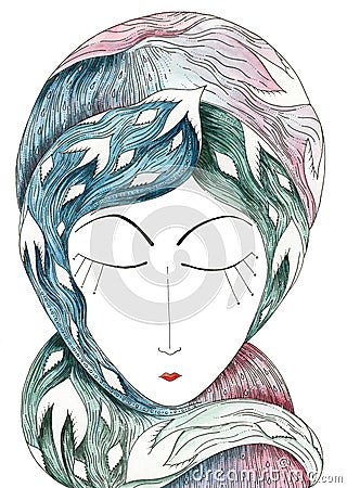 Nostalgia symbolically represented by a woman portrait - Color Cartoon Illustration