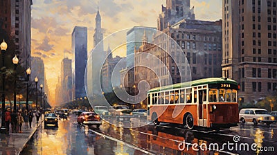 Nostalgic Chicago: 1930s Impressionistic Urban Scene Captured in Art Stock Photo