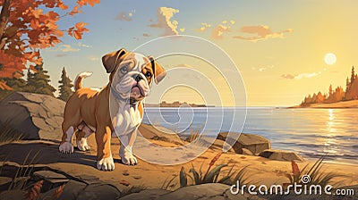 Nostalgic Children's Book Illustration: Bulldog Puppy By The Saskatchewan Shores Cartoon Illustration