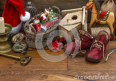 Nostalgic christmas toys decoration over wooden background Stock Photo