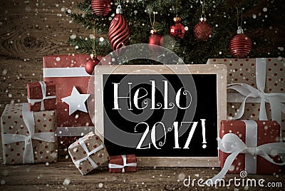 Nostalgic Christmas Tree With Hello 2017, Snowflakes Stock Photo